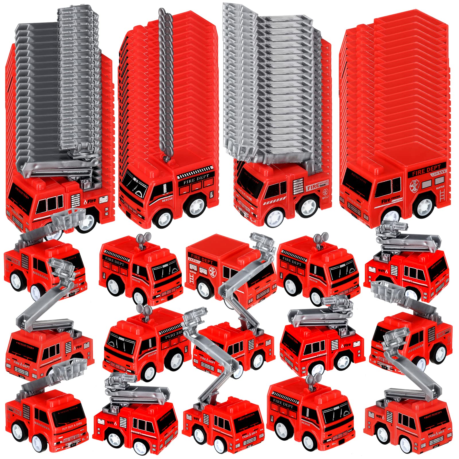 Photo 1 of 48 Pcs Mini Pullback Fire Truck Toy Small Pull Back Firetruck Plastic Fire Engine Toy Trucks Firefighter Birthday Party Supplies, Fireman Favors Goodie Bag Fillers, 4 Styles