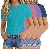 Oakgarden 4 Pack Girls' Short Sleeve Shirts Ribbed Knit Crew Neck Tops Slim Fit Casual T-Shirt Kids Summer Basic Tees 5-14Y