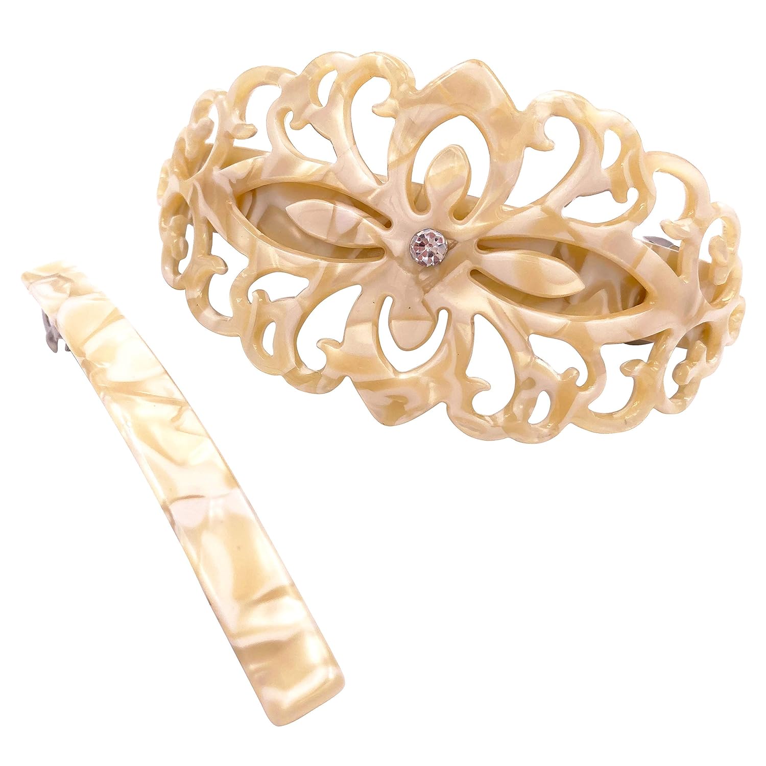 Strong Large Hair Barrette Set For Thick Hair Ivory White Marble Filigree for Women : Beauty