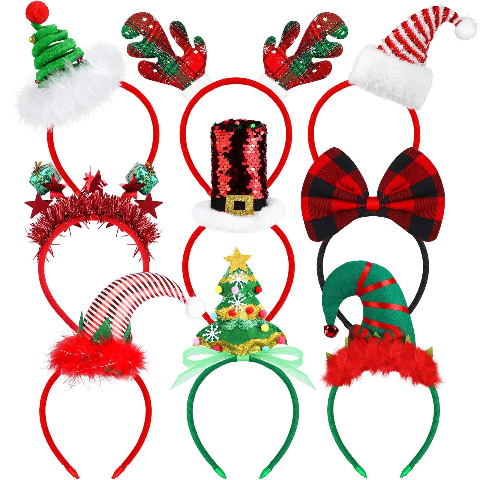 ELCOHO 9 Pack Assortment Christmas Headbands Christmas Party Toys Hats Costume Reindeer Santa Headbands for Christmas Holiday Party, 9 Styles