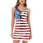 Anna-Kaci Women's American Flag Sequin Dress V-Neck Sleeveless USA Patriotic Striped Glitter Tank Mini Dress