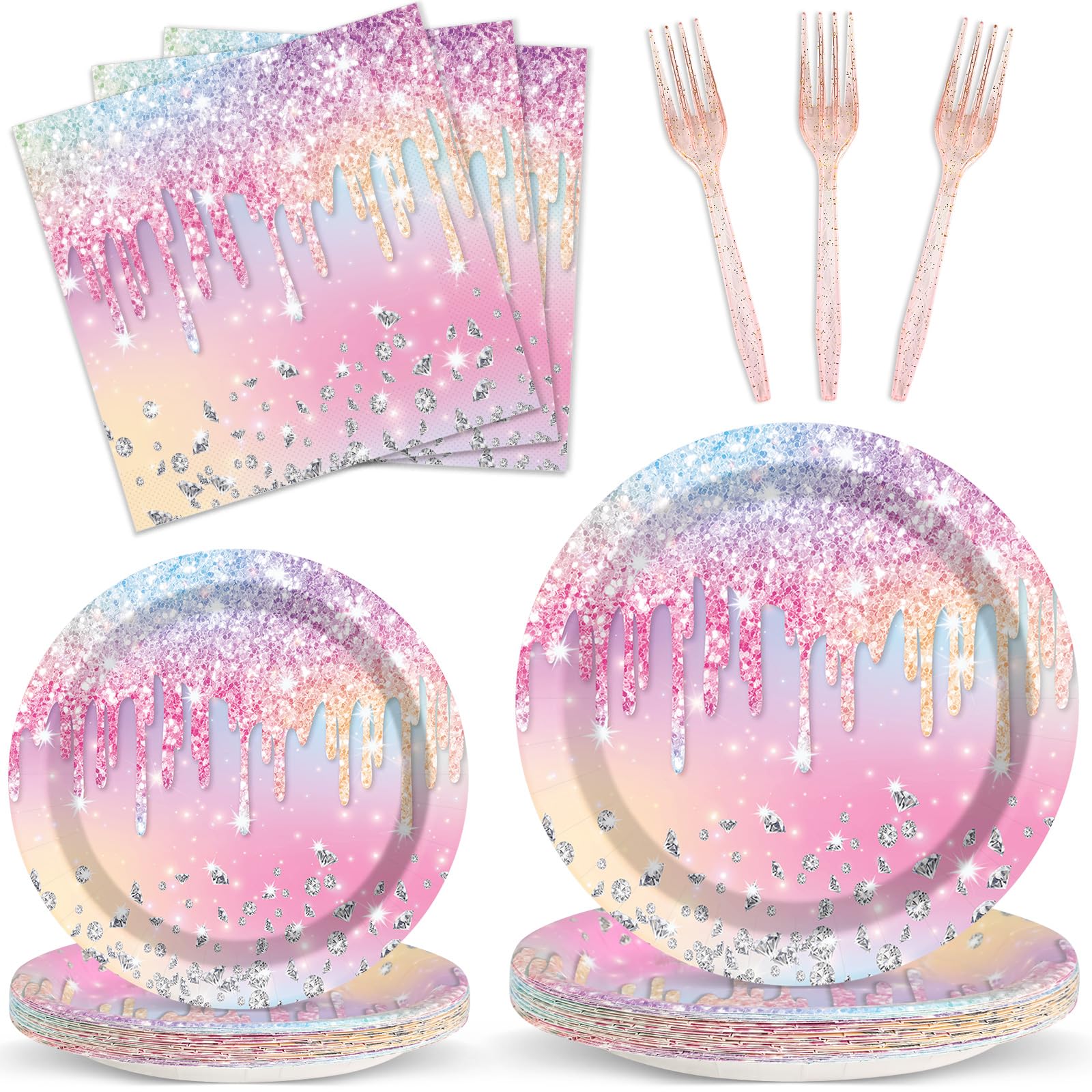 Photo 1 of 100PCS Iridescent Diamond Birthday Party Plates Napkins Forks Supplies Set Holographic Tableware Party Supplies Gem Stone Dinnerware Decorations Favors for Girls Kids Birthday Serves 25