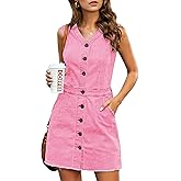 LookbookStore Women Sleeveless V Neck Button Down Frayed Hem Short Denim Dress