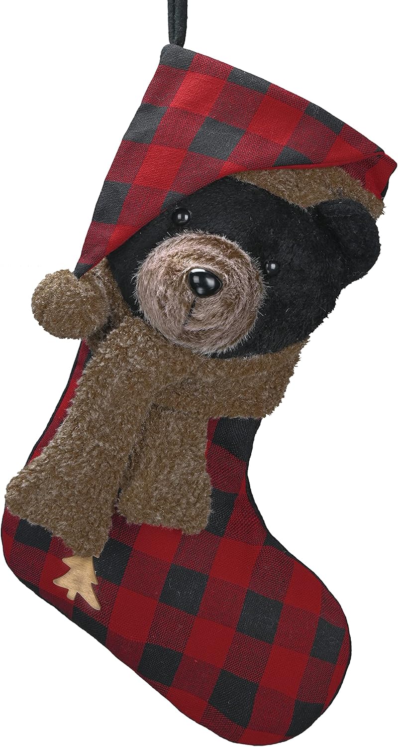 Stockings & Holders - Valery Madelyn 21inch Bear Christmas Stocking, Cute Plush Personalized Fireplace Red Black Tartan Hanging Stockings for Holiday Party Christmas Decorations and Xmas Gifts