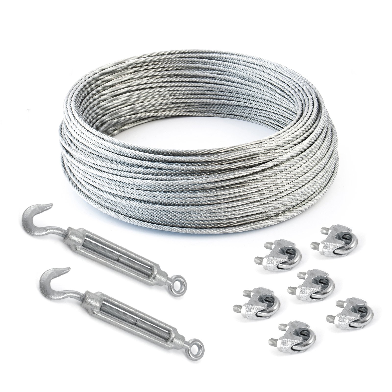Set Of 5 M Galvanised Wire Rope 3 mm Strand: 6 x 7 + 6 Clamps + 2 Eyelets/Hook Tensioners