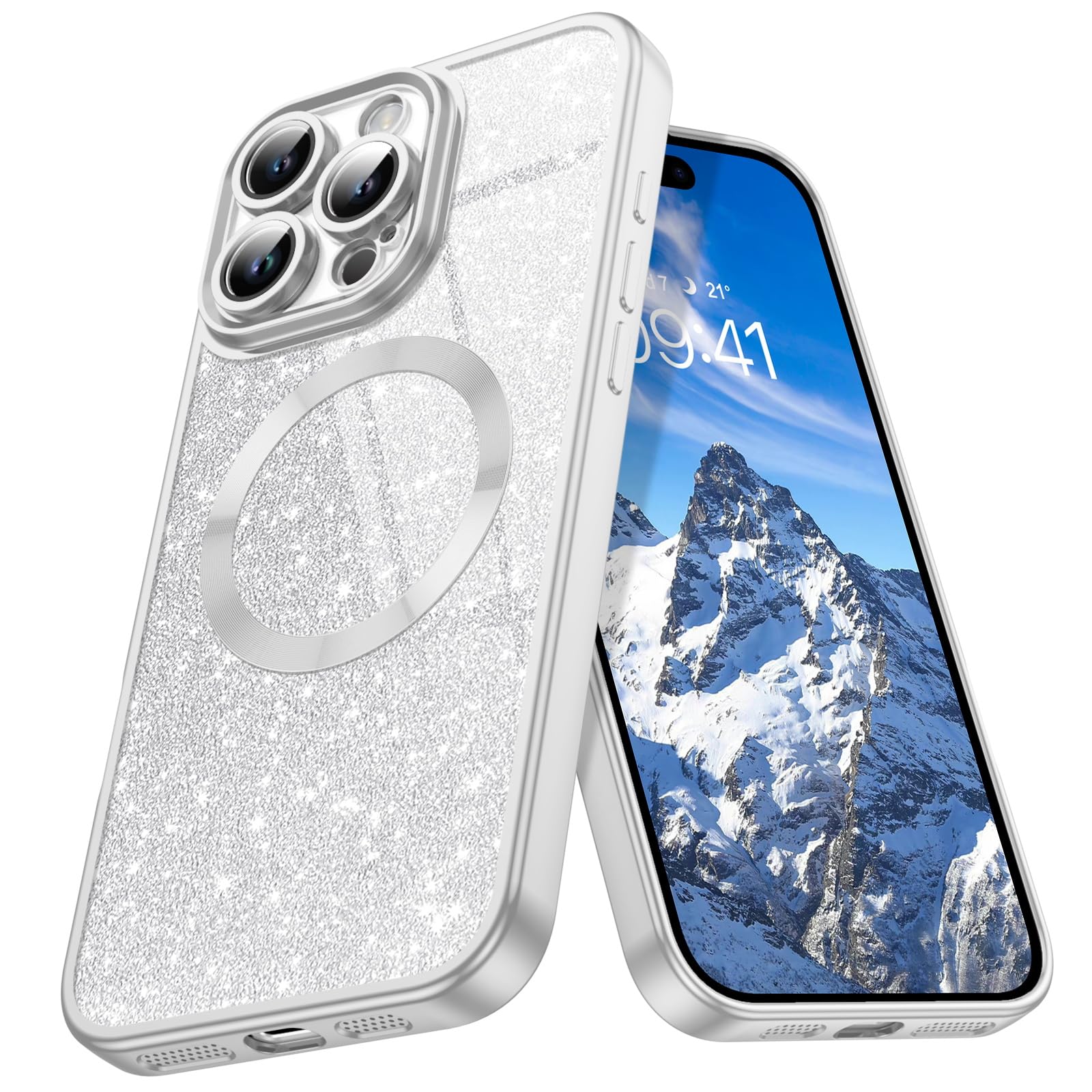 GaoBao for iPhone 16 Pro Case Magnetic, Slim iPhone 16 Pro Case [Compatible with MagSafe] Sparkle Luxury Shockproof Anti-Slip Women Girl Bling Phone Cover for iPhone 16 Pro 6.3" 2024, Glitter/Silvery