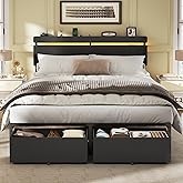 Forestell Queen Bed Frame with Wood Headboard,2 Storage Drawers &amp; Shelf | Built-in Charging Station &amp; LED Lights, Metal Support, No Box Spring Needed, noise-free, easy assembly, Smart RGB, USB+Type-C