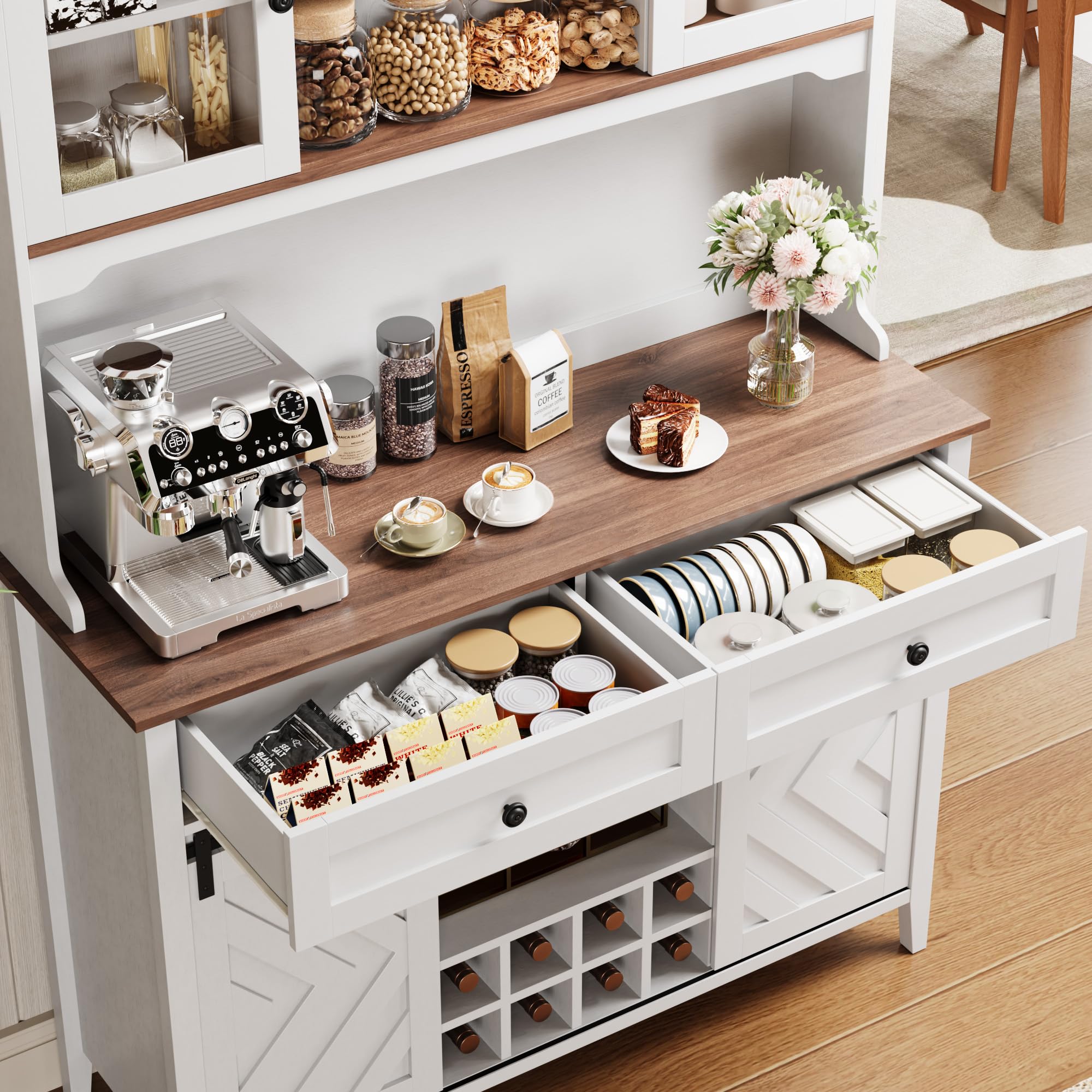 Photo 1 of ***PARTIAL SET/ FOR PARTS MISSING ASSEMBLY PIECES*** Garvee 72" Farmhosue Bar Cabinet with Sliding Barn Door, Large Kitchen Buffet with Hutch Wine with Charging Station, 2 Drawers, 8 Storage Shelves, LED Rustic Coffee Bar for Dining (White)