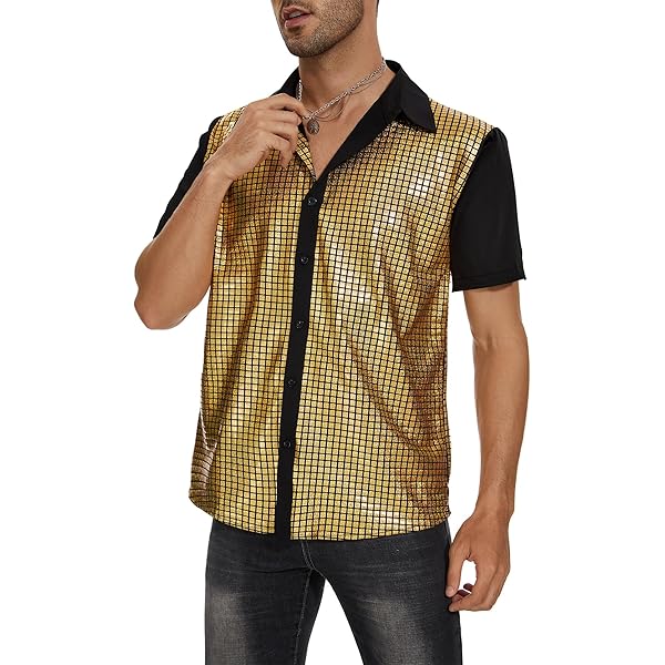 TURETRENDY Camisa De Discoteca De Los Años 70 Para Hombre, Con Lentejuelas Brillantes, Manga Corta, Para Fiesta, Polo Hipster, Discoteca, Baile De Graduación, Disfraz, Con Color