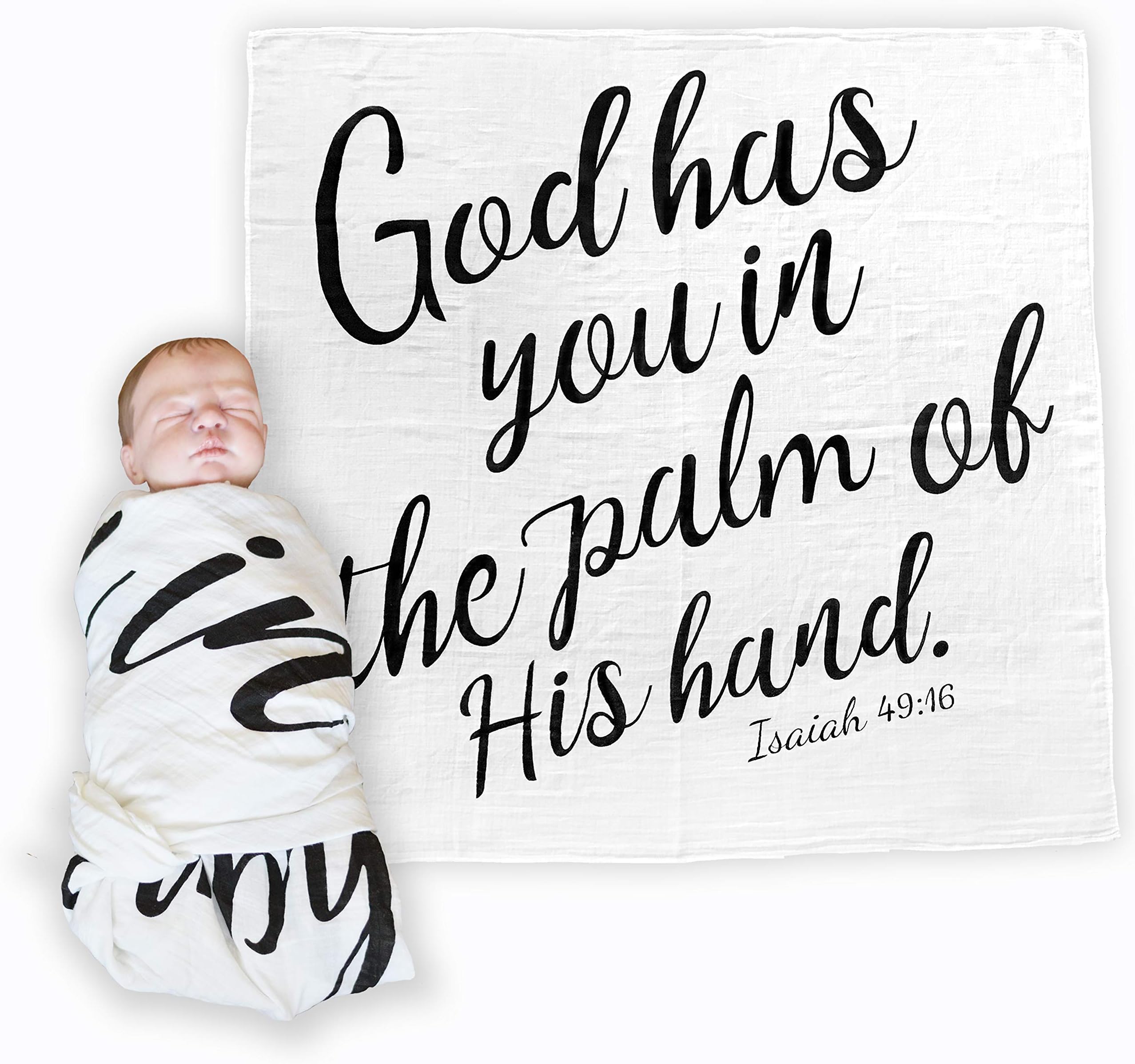 Bless Our Littles Baby Swaddle Scripture Blanket With Bible Verse Quote - Baby Shower Christening/Baptism or Dedication Gift - 100% GOTS Muslin Cotton Receiving Blanket (Isaiah 49:16)