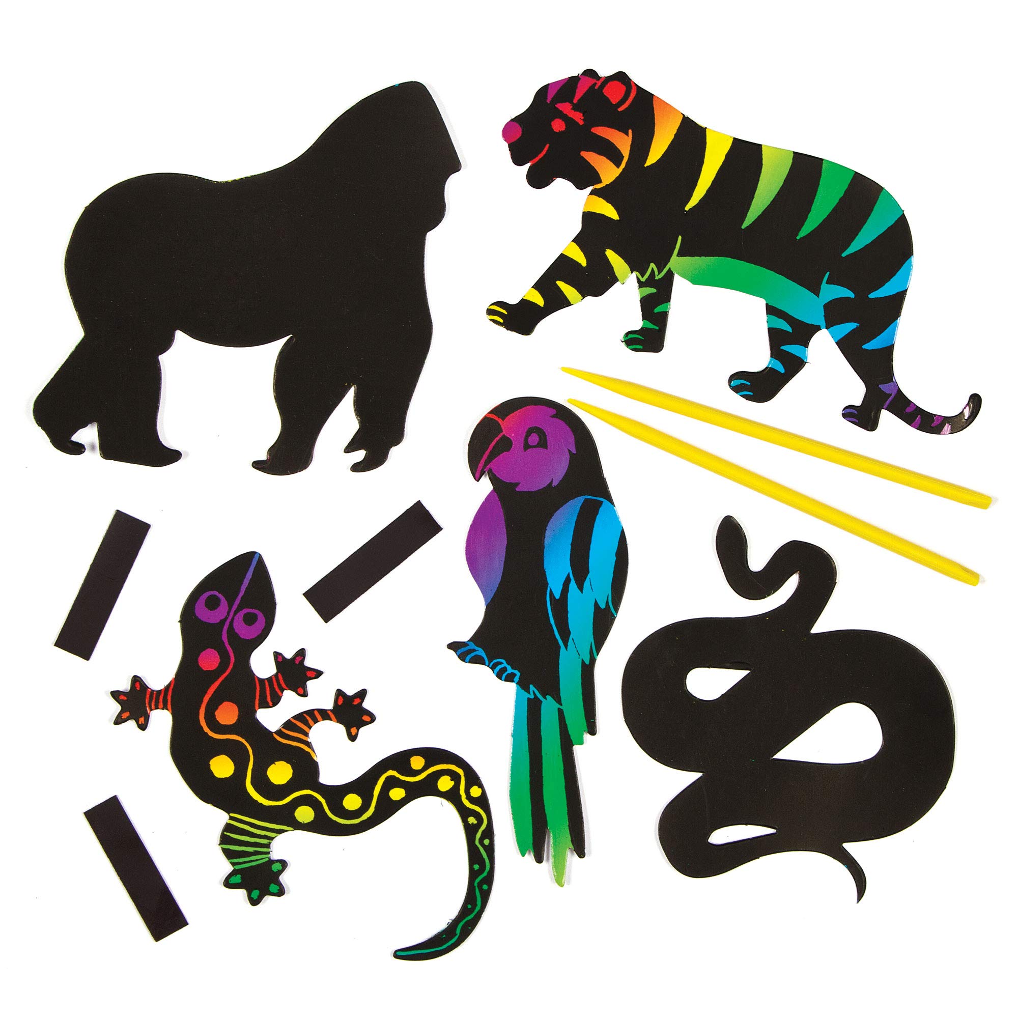Baker Ross AG801 Jungle Animal Scratch Art Magnets (Pack of 12) For Kids To Decorate, Arts and Crafts