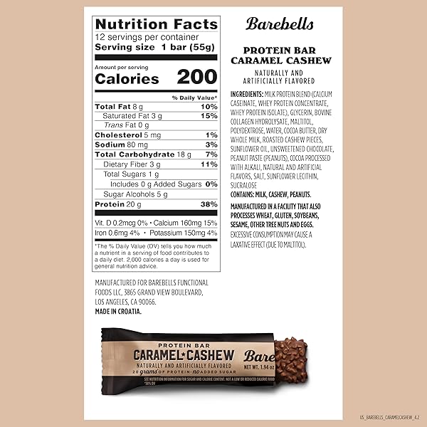 BAREBELLS PROTEIN BARS CARAMEL CASHEW – 12 COUNT, 20G HIGH PROTEIN TREATS – CHOCOLATE NUTRITION BAR WITH 1G TOTAL SUGARS – ON-THE-GO BREAKFAST OR POST-WORKOUT SNACK