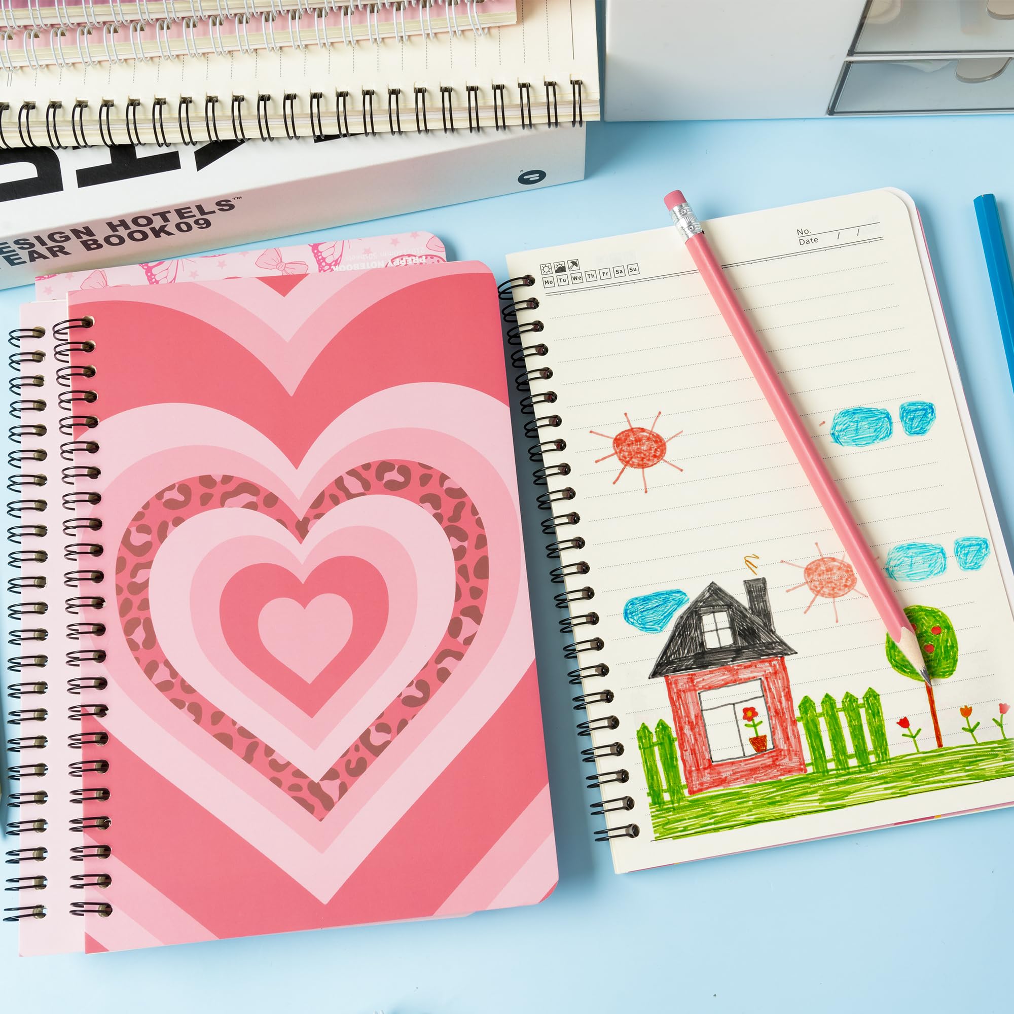 L1rabe 4 A5 Preppy Spiral Notebooks Christmas Gift Y2K Notepads Travel Journal for Kids Teens Cute Pink Smile Hardbound College Ruled Exercise Book for Girl School Office Supplies Winter New Year Gift