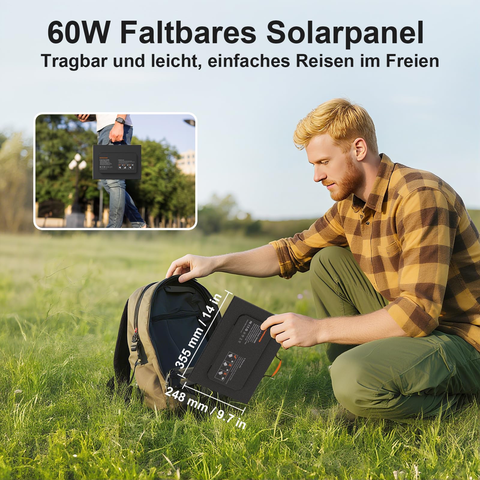 MHPOWOS 60W Tragbares Solarladegerät mit Ständer, Faltbares Solarpanel mit USB-C, USB-A und DC-Ausgängen, für Camping, Wandern, Notstromversorgung für Kleine Stromgeneratoren, Telefone, Powerbanks 4