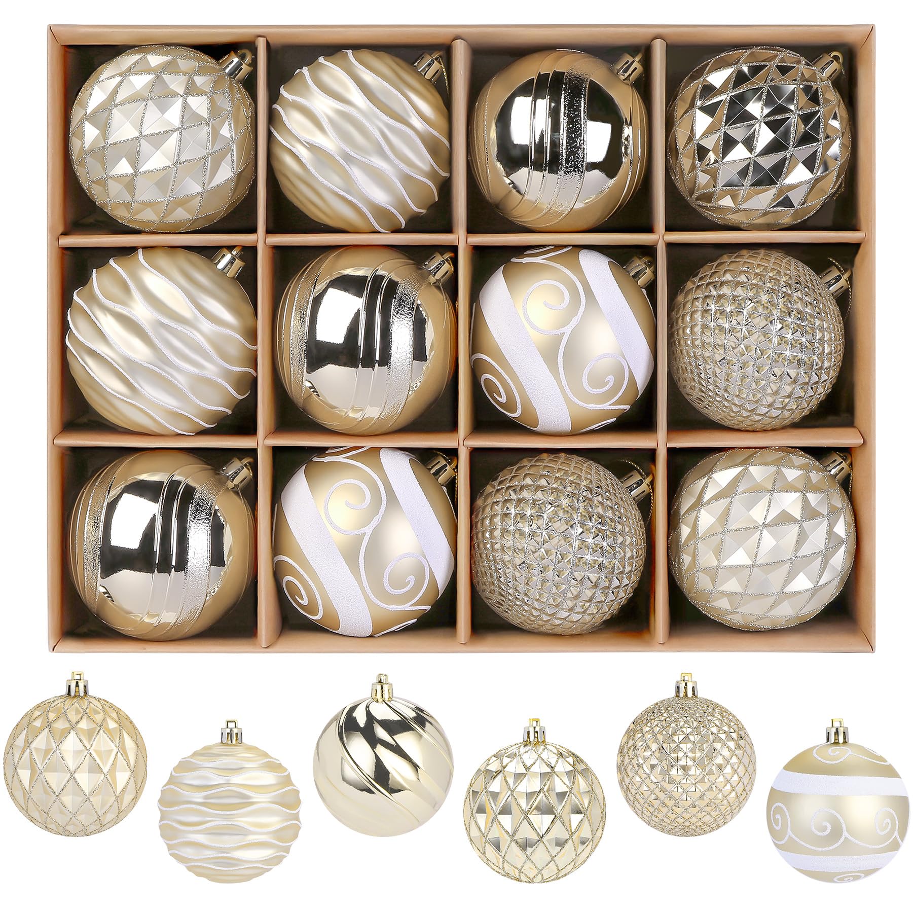 SHareconn 80mm Christmas Baubles,12PCS Colored Shatterproof Plastic Decorative Hanging Tree Decorations Baubles Set for Xmas Tree Decor Holiday Party Wedding Decoration with lanyard, Gold & White — image 1