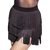 FEOYA Women's Fringe Dance Skirt - Latin Tango Salsa Ballroom Tassel Mini Shorts Multilayer Wrap Skirt