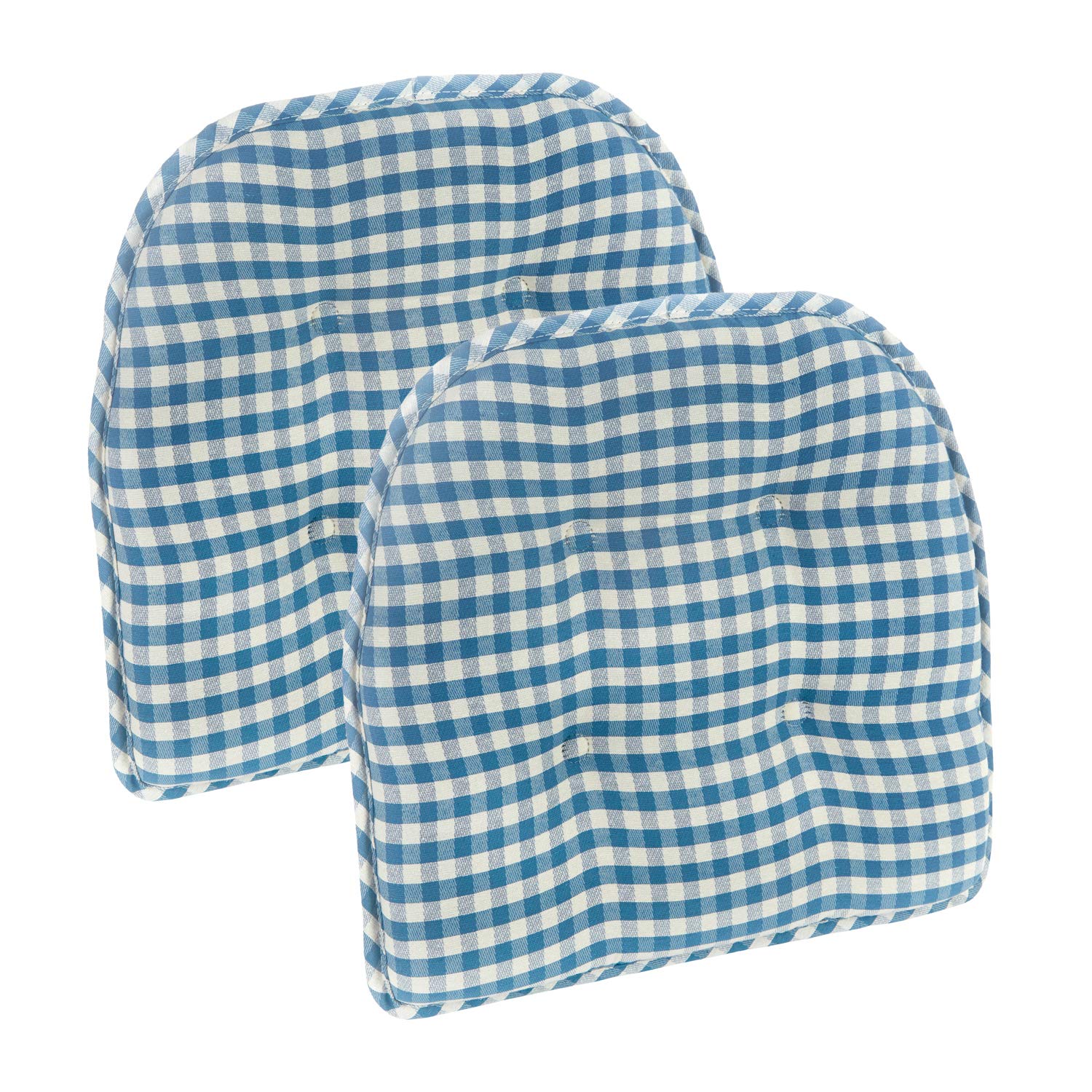 Klear Vu Gingham Tufted No Slip Dining Chair Pad, Set of 2 Cushions, 16" x 15", Blue