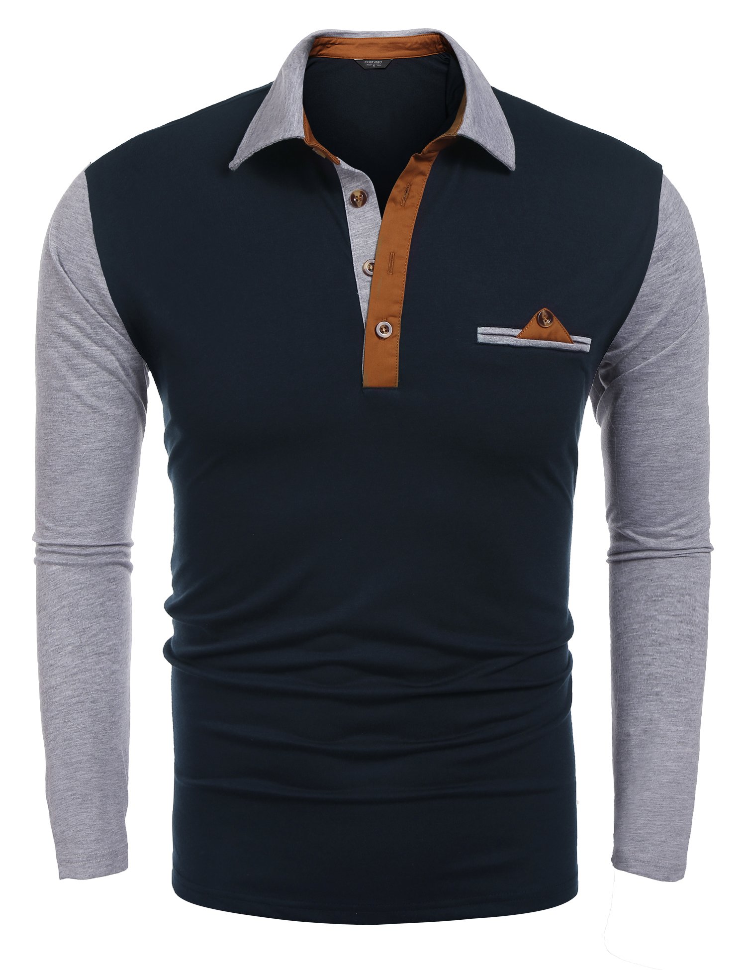 COOFANDY Mens Polo Shirt Long Sleeves Slim Fit Contrast Collar Cotton