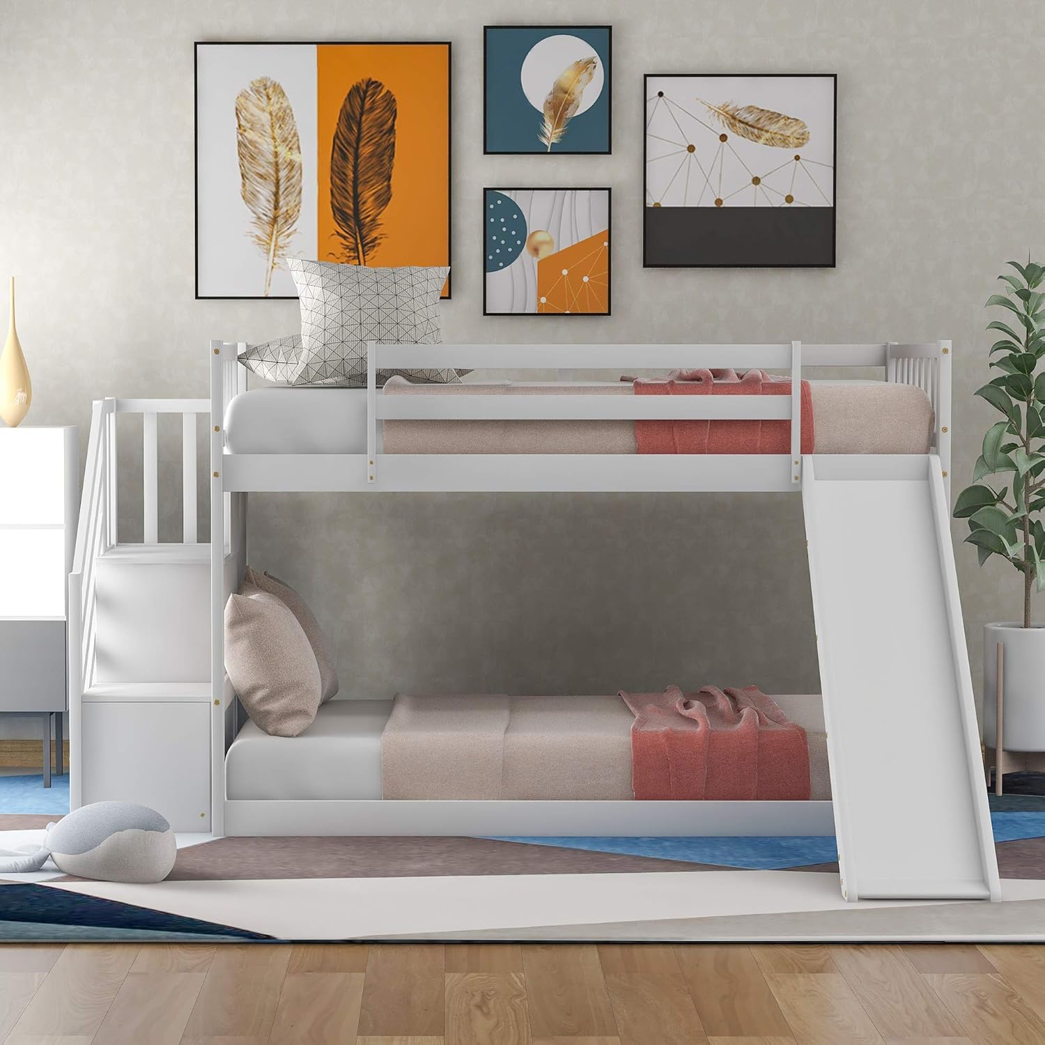 Bunk Bed with Slide for Kids, Low Profile Kids Floor Bunk