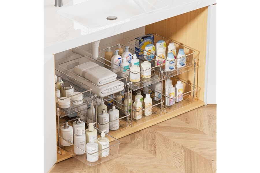 Vtopmart 4 Pack Bathroom Organizer, 2 Tier Clear Under Sink Organizers Vanity Countertop Storage Container,Cabinet Drawers Bins, Pull-Out Organization with Track for Pantry, Kitchen