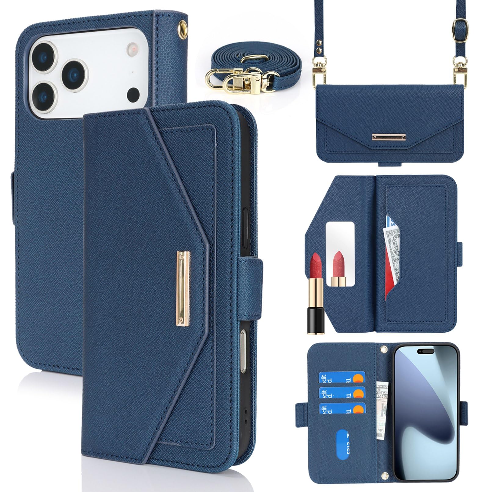 Jaorty Crossbody Wallet for iPhone 17 Pro Max Case with Strap Blue Credit Card Holder,Shouler Lanyard, 6.9",PU Leather,Handbag Purse,Kickstand,Make Up Mirror Cover,for Women Girl