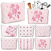 Kacctyen 6 Pcs Pink Cherry Blossoms Bow Coquette Makeup Bag Cute Bow Canvas Cosmetic Bag International Womens Day Gifts for Women Girl with Zipper Aesthetic Travel Pouch Birthday Party Favor