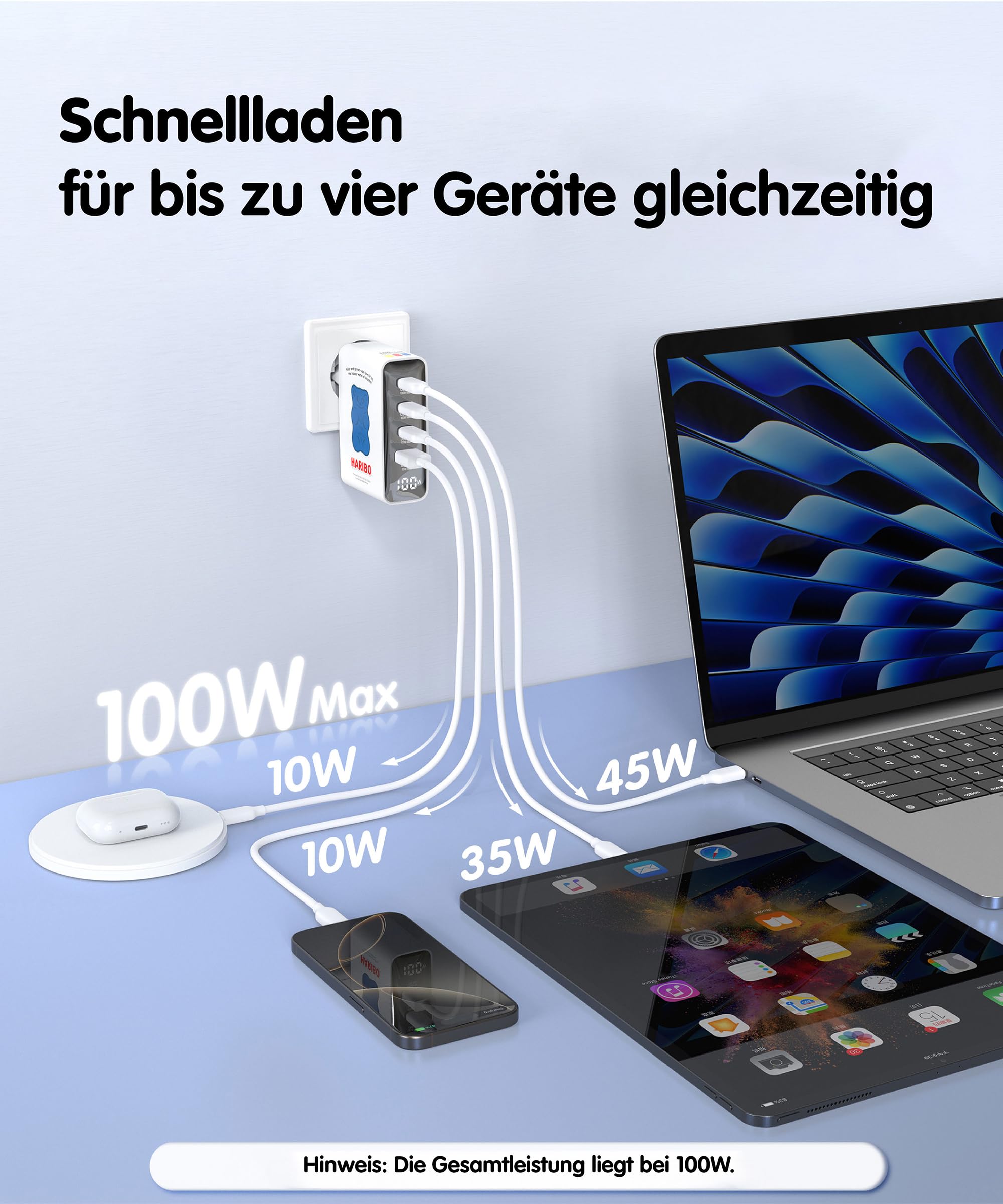 Haribo 100W USB C Ladegerät, 4-Port Schnellladegerät USB-C Netzteil mit LED Display, GaN Charger PD/PPS für MacBook Pro/Air, iPhone 17/16, Galaxy S25/S24, Laptop, iPad, Switch, Kompakt Geschenk, Blau 3