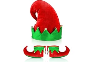 SATINIOR Christmas Santa Elf Shoes and Hat Christmas Red and Green Costume Accessory Set
