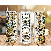 QPTADesignGift Momo Sunflower Turquoise Gemstone And Leopard - Momo Skinny Tumbler Cowhide Distressed Tumbler - Western Tumbler 20Oz Skinny Tumbler - Momo Gift