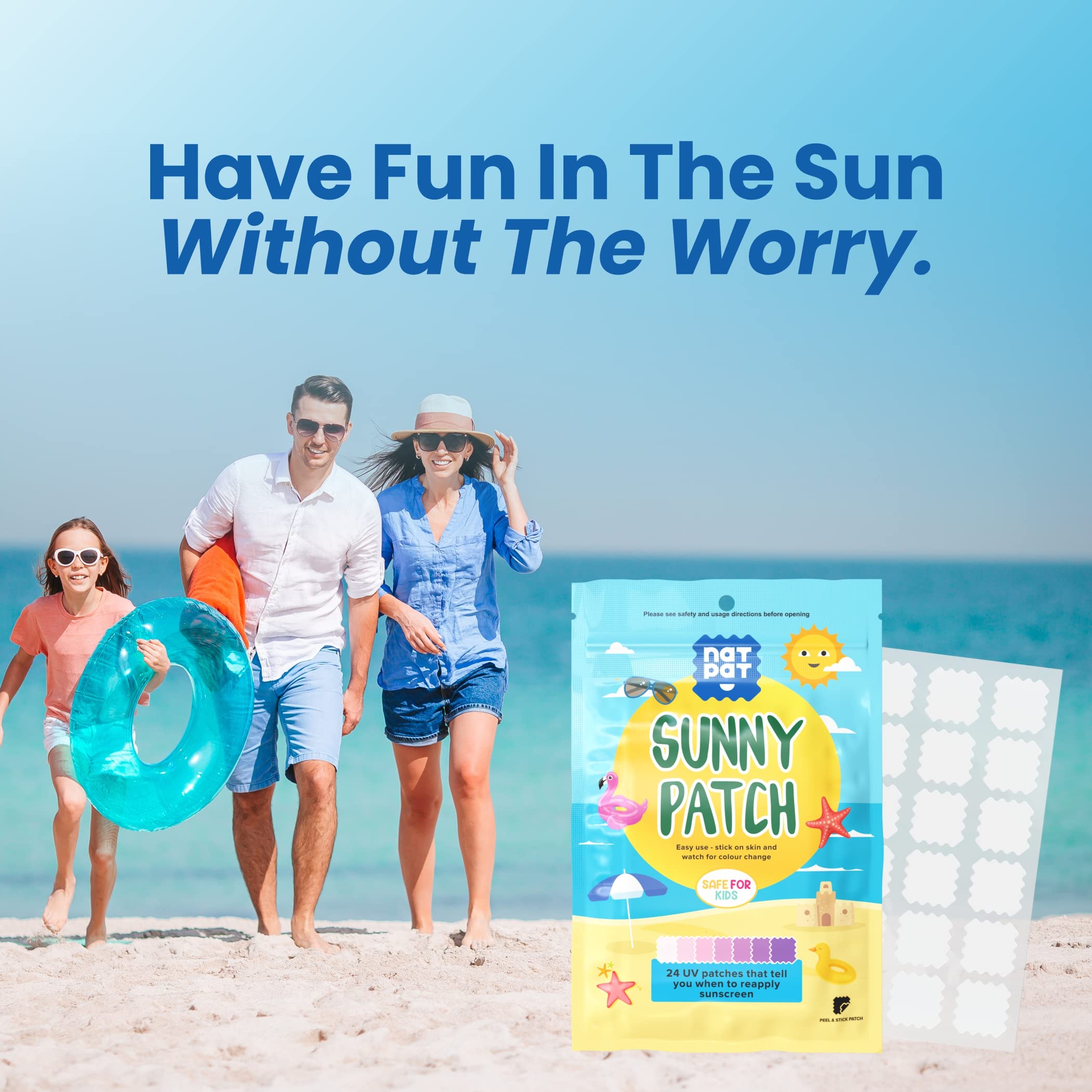 NATPAT Sunny Patch UV Detection Stickers Sunburn Prevention for Kids and Adults - Natural Waterproof Patches, Changes Color When Time To Reapply Your SunScreen - Buzz Patch Natural Patch (24 Pack)