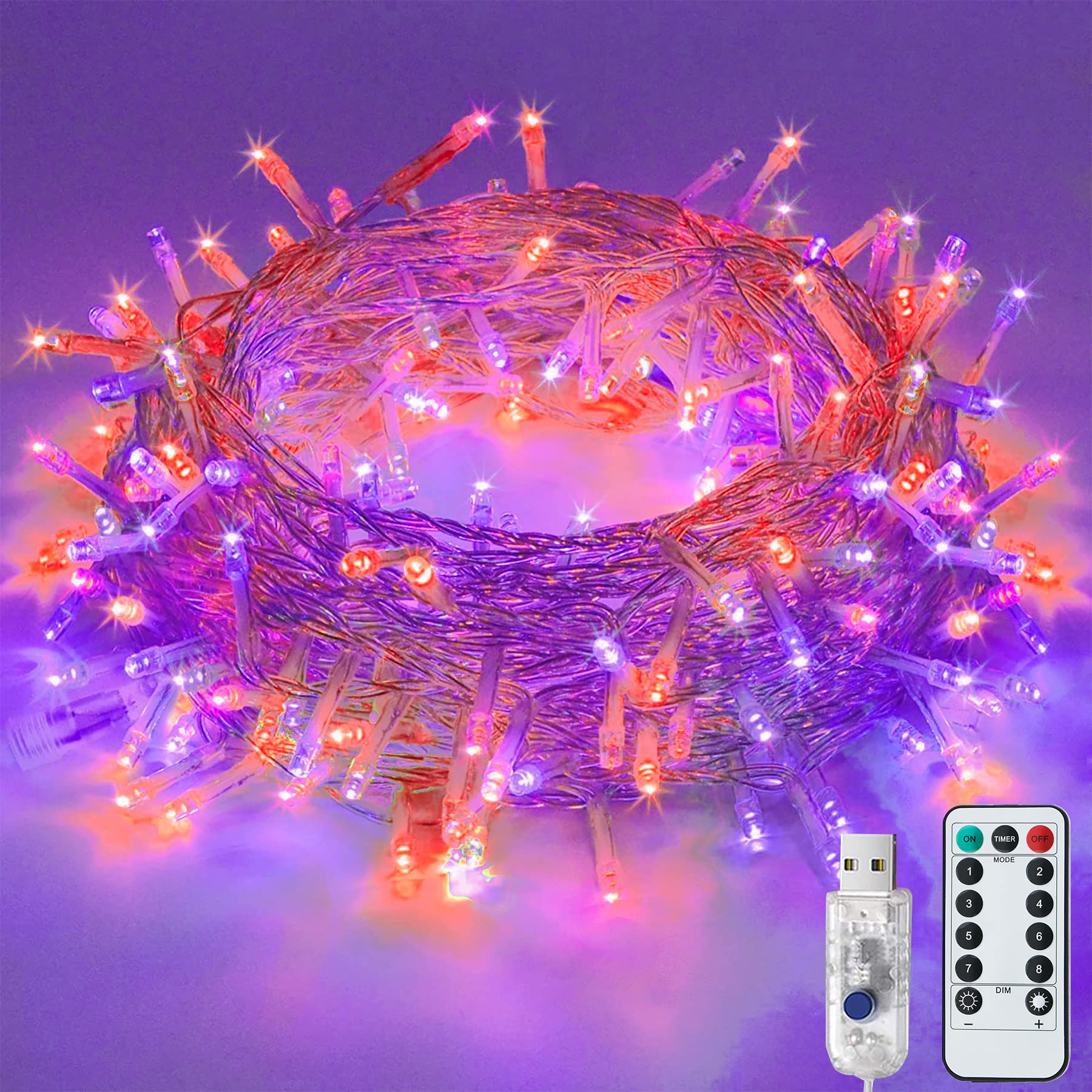 Lezonic Halloween String Lights 12M/120LED Outdoor Fairy Lights Waterproof, 8 Modes Garden Christmas Lights with USB Powered for Halloween,Christmastree, Garden,Party,Decorations (Purple & Orange)
