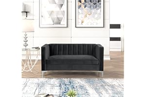 Morden Fort Velvet Loveseat Home Theater Seating 55" W Upholstered Modern Chesterfield Loveseat Sofa Furniture for Living Room Office Bedroom Apartment, Black
