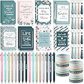 PerKoop 64 Pcs Inspirational Gifts Bulk 16 Motivational Notebooks Journal 16 Ballpoint Pens 16 Wristbands 16 Keychains for Teacher Office Women Employee Party Favor(Morandi)