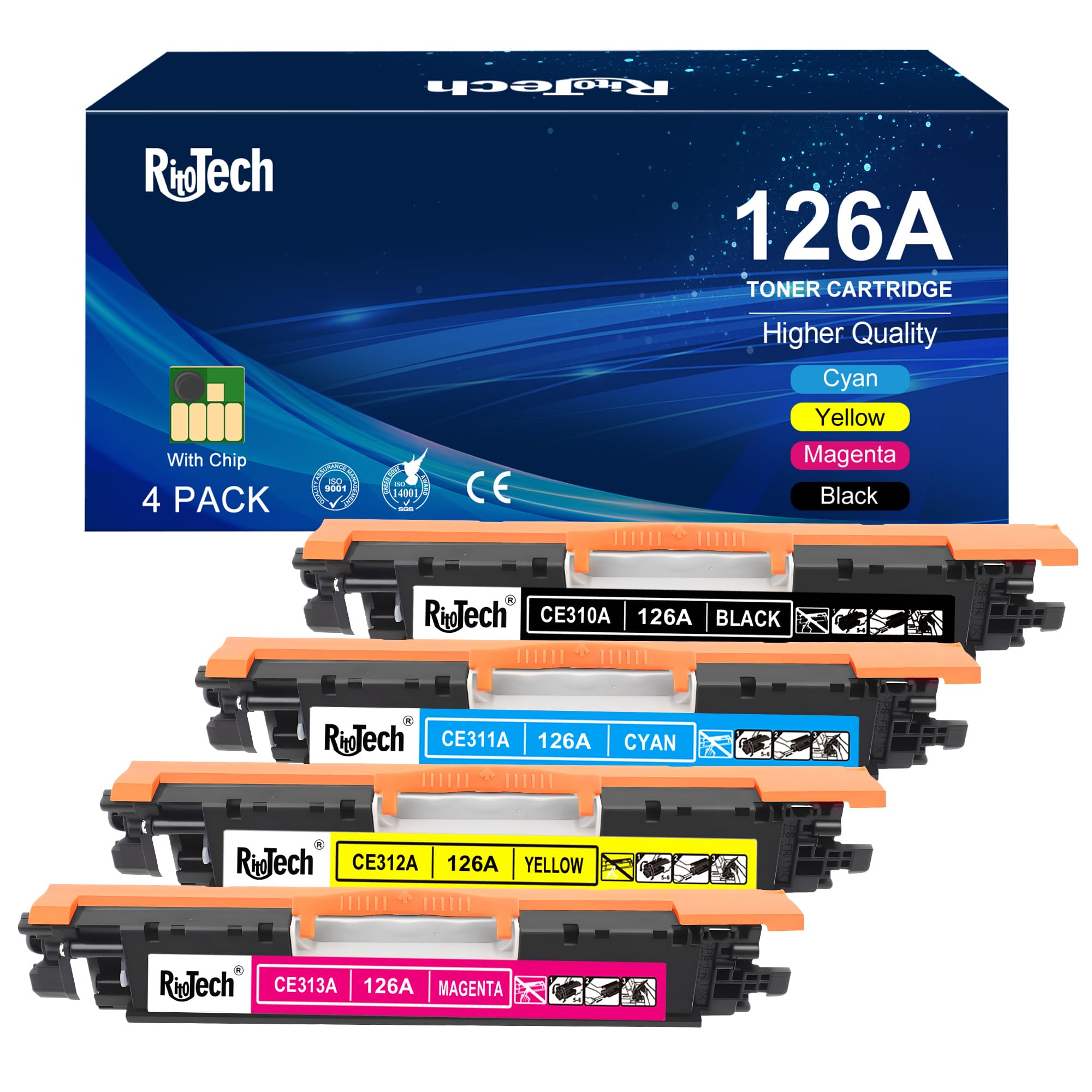 Photo 1 of RitoTech 126A Toner Cartridge (with OEM CHIP),Replacement for HP 126 A CE310A CE311A CE312A CE313A for Laserjet Pro 100 Color MFP CP1025nw M175nw,M275 M275NW Printer, 4 Pack Black Cyan Magenta Yellow