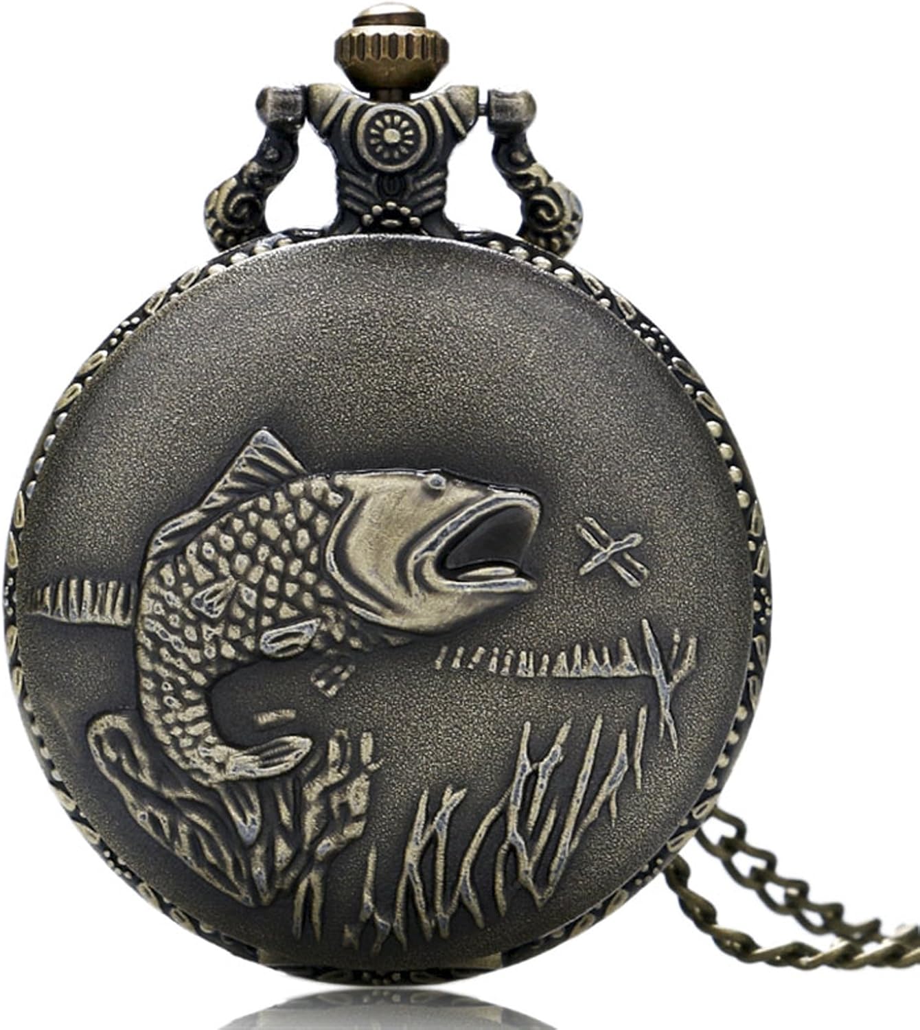 Fishing/Angling Themed Bronze 3D Effect Quartz Pocket Watch Necklace - On 32" Inch / 80cm Chain