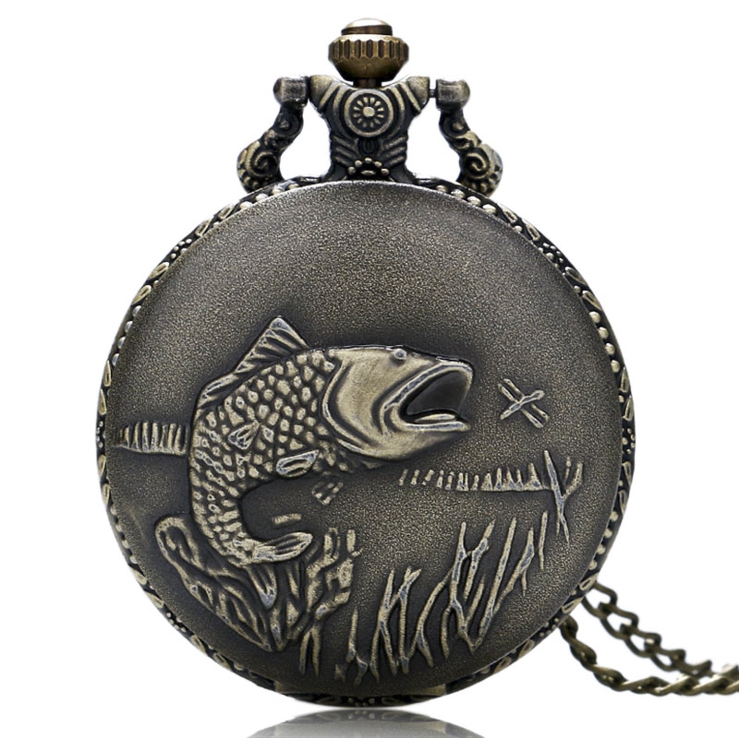 Designer Inspirations Boutique ® Fish/Fishing/Angling 3D Bronze Effect Antiqued/Vintage Case Men's Quartz Pocket Watch Necklace - On 32" Inch / 80cm Chain