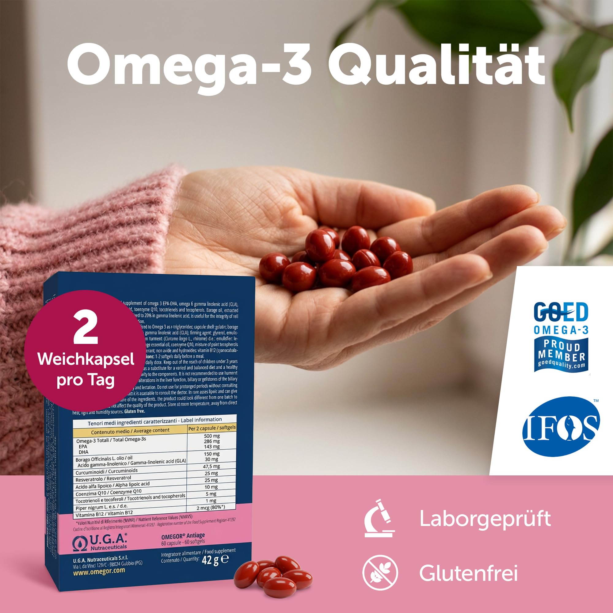 OMEGOR Anti-Aging – Omega 3 Kapseln mit EPA/DHA & Omega 6 GLA – Fischöl Kapseln mit Resveratrol, Kurkuma, Alpha-Liponsäure, Coenzym Q10 – Omega-3 Supplement für Haut & Gelenke – 60 Kapseln 4