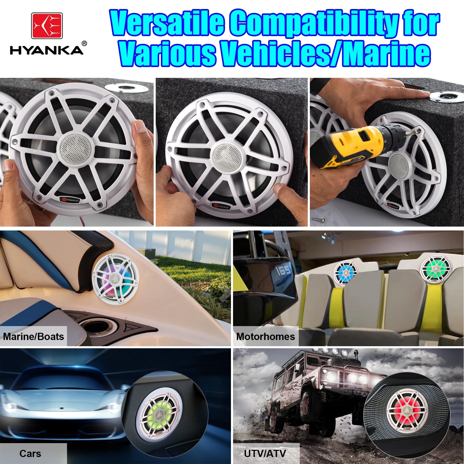 H YANKA HMS-65 6.5 Marine Speakers - 750W 2-Way IP67 Waterproof Boat Stereo System with LED Lights, High-Fidelity Coaxial Speakers, Y35 Magnet Woofer, UV & Salt Spray Resistant - 1 Pair (White)