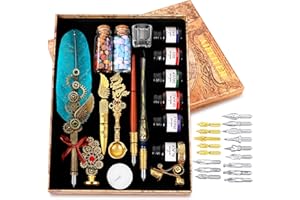 Aifeiter Quill Pen Feather Calligraphy Pen and Ink Set,Wax Seal Stamp Set,includes Quill Pen,Glass Dipping Pen,Wooden Dipping Pen,6 Bottles of Ink,8 Sheets of Writing Paper,Envelope-Green