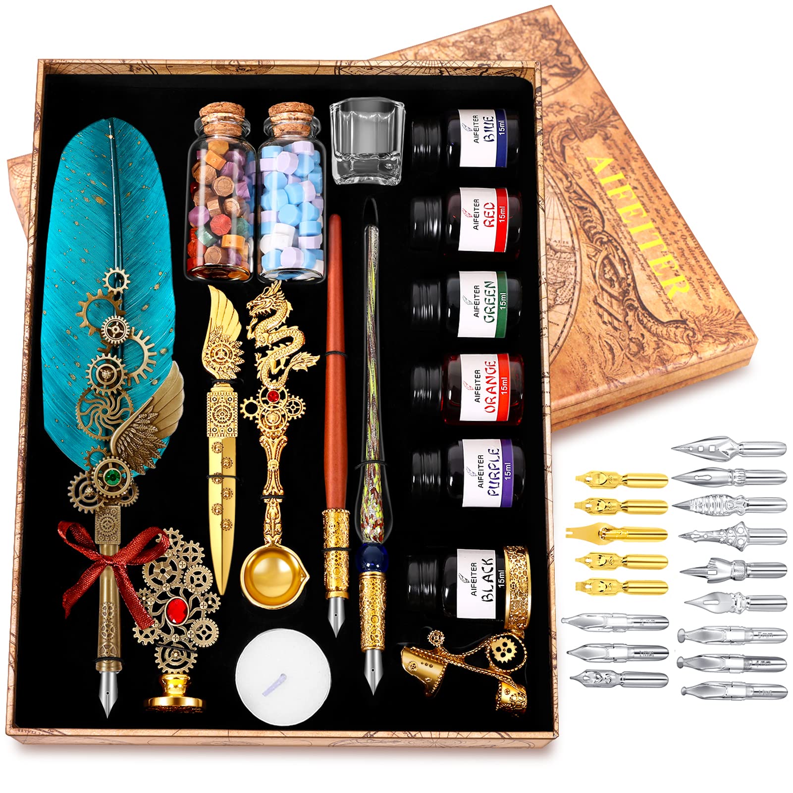 MPRINCE Quill Pen Feather Calligraphy Pen and Ink Set,Wax Seal Stamp Set,includes Quill Pen,Glass Dipping Pen,Wooden Dipping Pen,6 Bottles of Ink,8 Sheets of Writing Paper,Envelope-Green