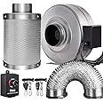 iPower GLFANXINL4FILT4MD8CTR 4 Inch 190 CFM Inline Fan Carbon Filter 8 Feet Ducting Combo with Variable Speed Controller and Rope Hanger for Grow Tent Ventilation, 4" Fan & Filter, Grey