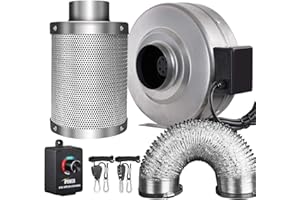 iPower GLFANXINL4FILT4MD8CTR 4 Inch 190 CFM Inline Fan Carbon Filter 8 Feet Ducting Combo with Variable Speed Controller and Rope Hanger for Grow Tent Ventilation, 4" Fan & Filter, Grey