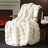 Amélie Home Faux Fur Throw Blanket for Couch, Ultra Soft Fuzzy Plush Bubble Throw for Sofa, Living Room & Home Decor, 50"x60", Cream White