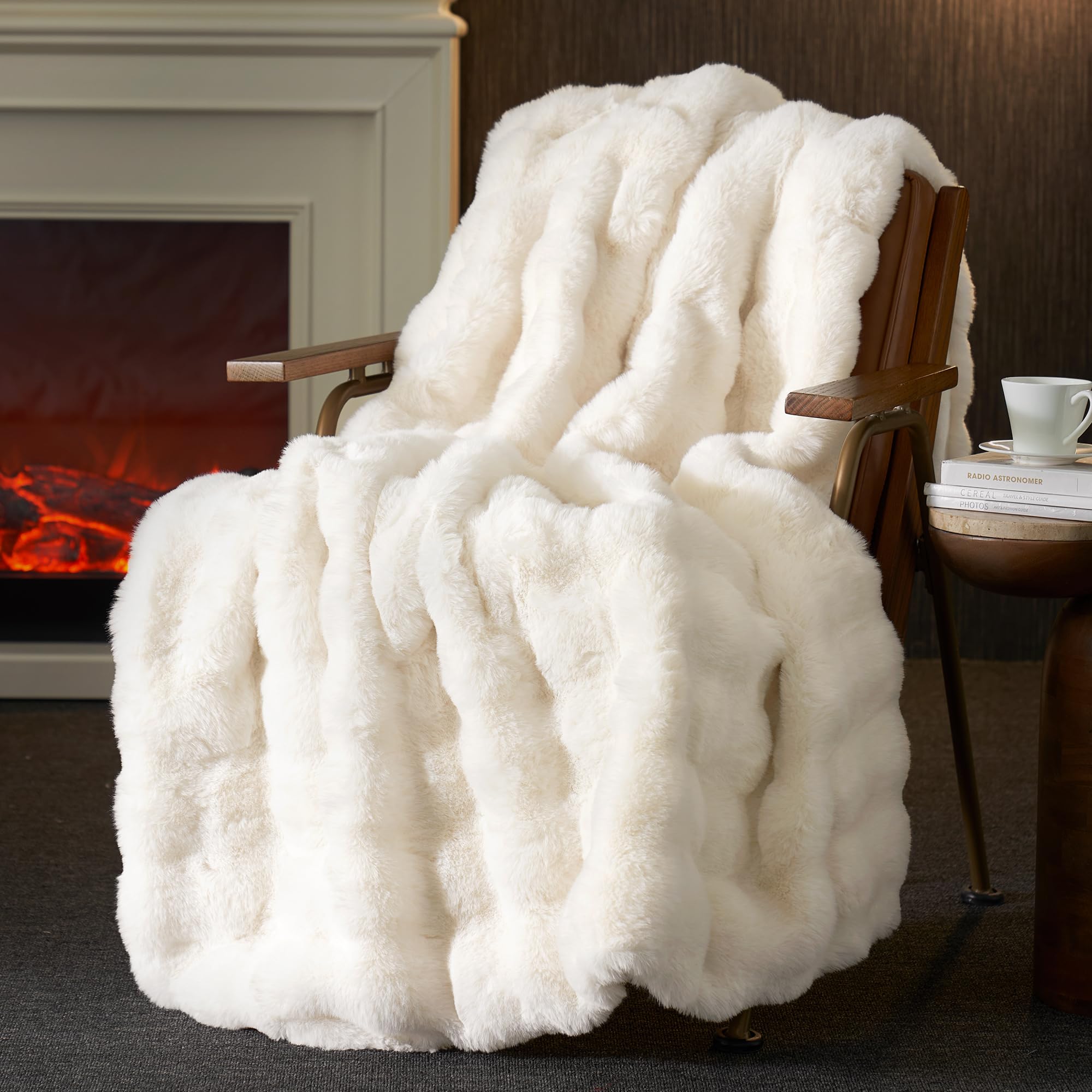 Photo 1 of Amelie Home Faux Fur Throw Blanket for Bed, Ultra Soft Fuzzy Plush Bubble Blanket for Bedroom & Bed Decor, 108"x90", Cream White