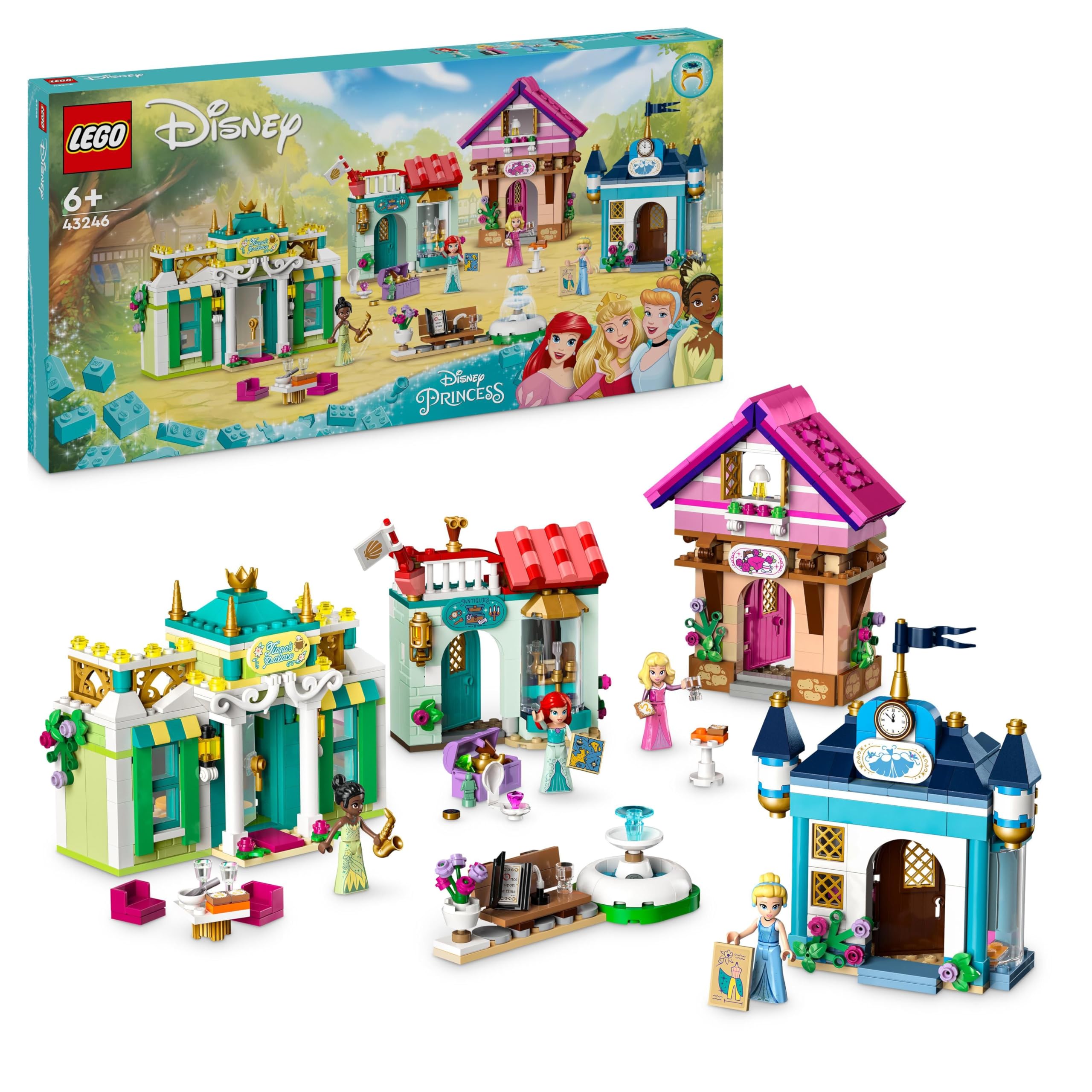LEGO ǀ Disney Princess: Disney Princess Market Adventure, Buildable Toy for Kids, Girls & Boys with Tiana, Aurora, Ariel and Cinderella Mini-Doll Figures and 4 Houses, Imaginative Gift Idea 43246