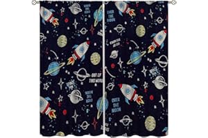 FOCUSBRITE Universe Decor Curtains for Living Room Home Party,Card Universe Solar System Planet Rocket Spacecraft Print Windows Curtain Darkening Drapes for Kids Girls Boys Bedroom Set 2 Panels, 42x45 Inches