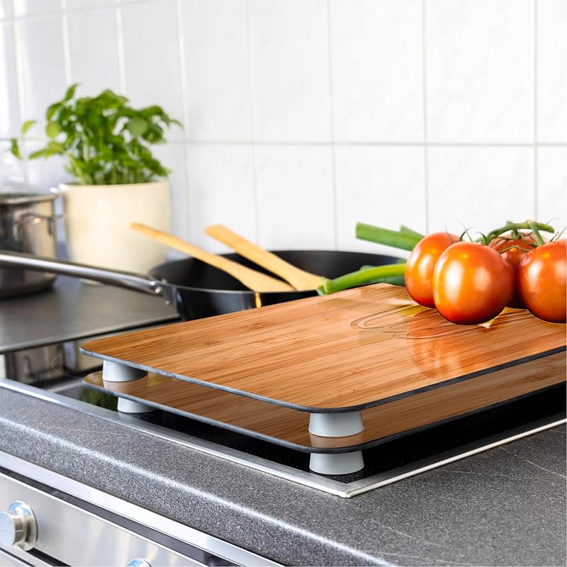 Herdabdeckplatte Universal Mod. Lunch, höhenverstellbar für alle Herdarten, Schneidebrett und Spritzschutz, Glas, 30 x 52 cm, 2-teilig
