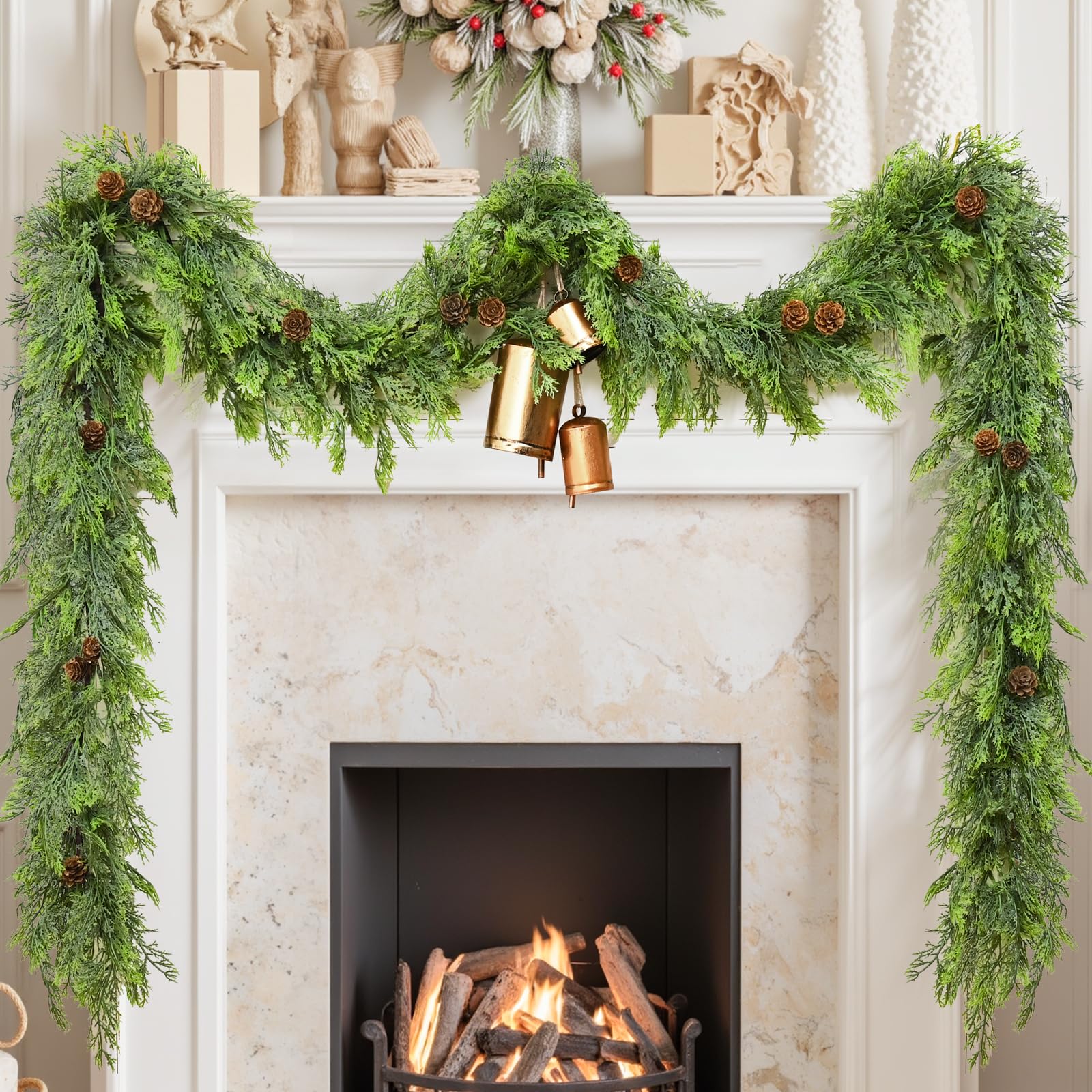 Photo 1 of 6 FT Christmas Cedar Garland, 2 Pack Real Touch Realistic Greenery Pine Garland for Mantle, Artificial Norfolk Pine with Lights for Stairs Railing Indoor Outdoor Christmas Decoration