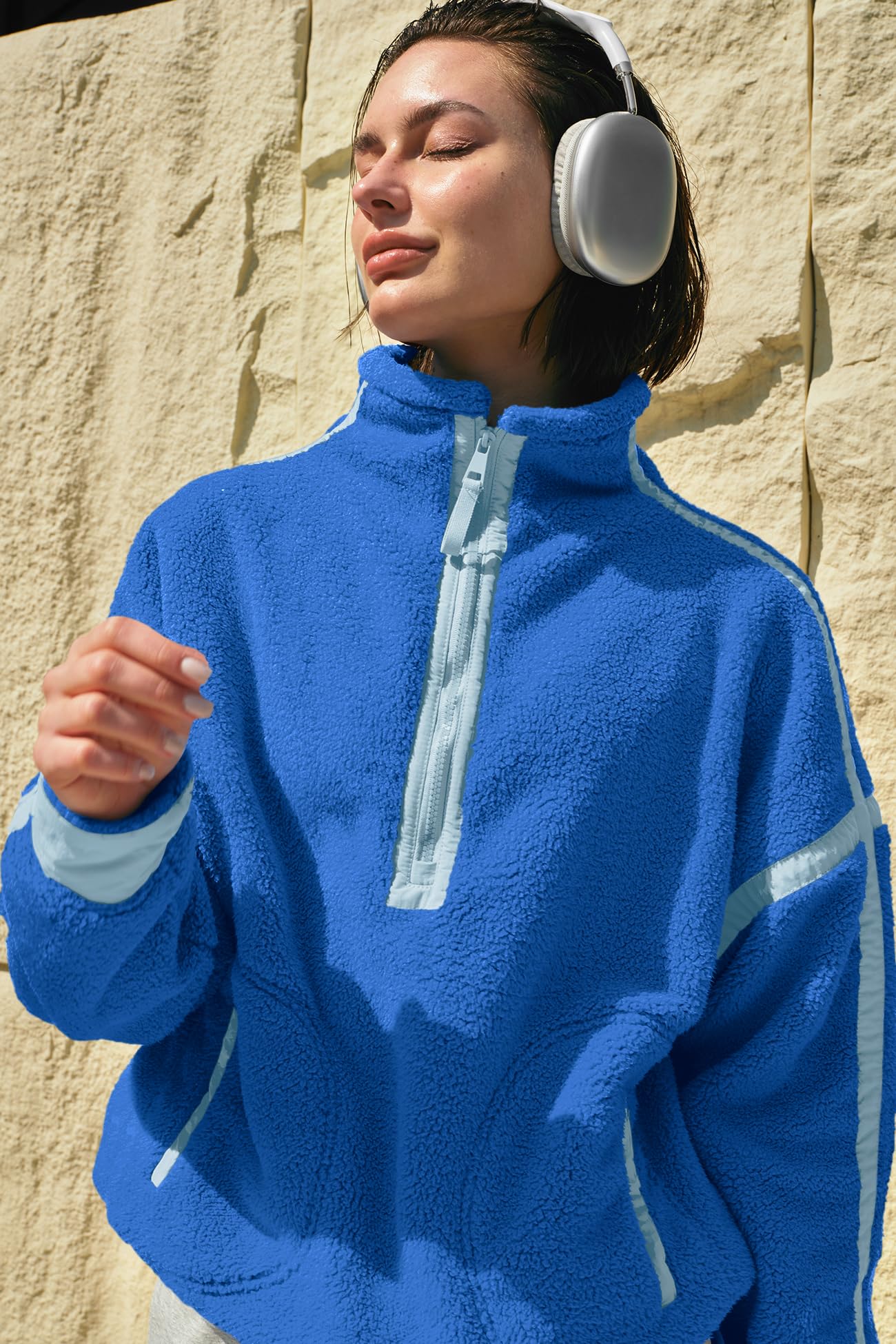 Panadila Womens Half Zip Sherpa Fleece Pullover Soft Oversized Sweatshirt with Pockets Warm Fuzzy Sweater