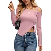 kakola Asymmetrical Tops for Women Cold Shoulder Ribbed Fitted Long Sleeve Going Out Top Date Night Shirt 2026 Spring